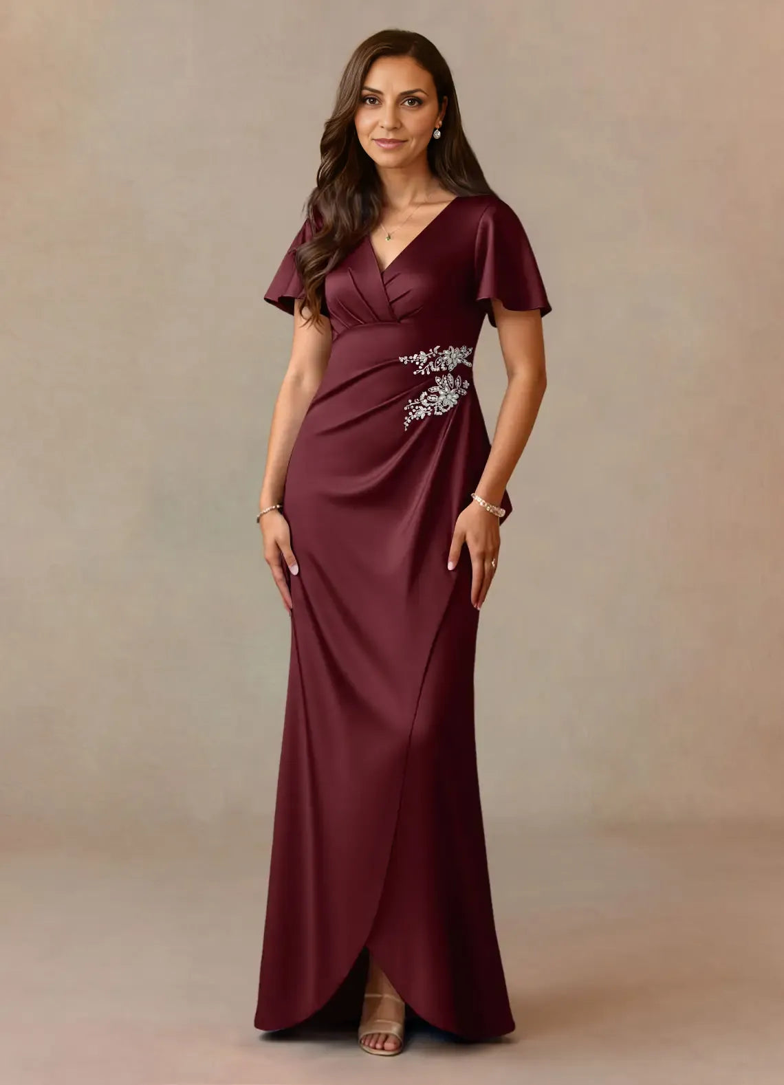Weitese Dress Dusty Rose A-Line Pleated Satin Dress V-Neck Flutter Sleeve Beaded Floor-Length Mother of the Bride Dress