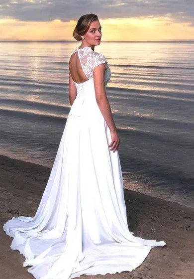 Weitese Dress Cap Sleeve A-Line Chiffon V-Neck Dress With Keyhole Back Wedding Dress