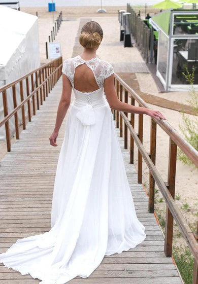 Weitese Dress Cap Sleeve A-Line Chiffon V-Neck Dress With Keyhole Back Wedding Dress
