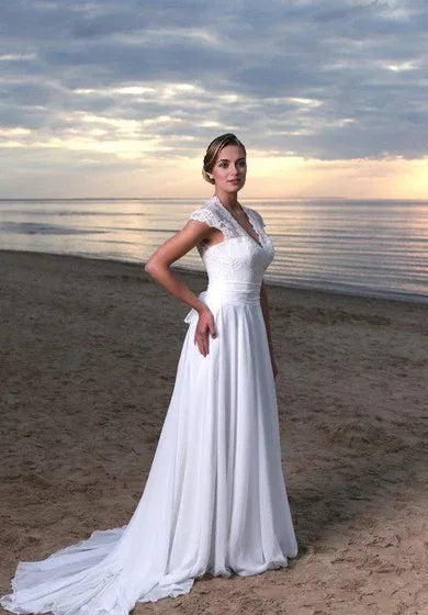 Weitese Dress Cap Sleeve A-Line Chiffon V-Neck Dress With Keyhole Back Wedding Dress