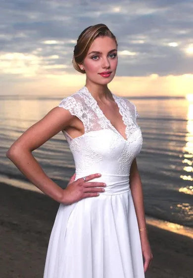 Weitese Dress Cap Sleeve A-Line Chiffon V-Neck Dress With Keyhole Back Wedding Dress