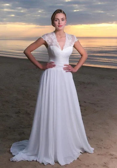 Weitese Dress Cap Sleeve A-Line Chiffon V-Neck Dress With Keyhole Back Wedding Dress