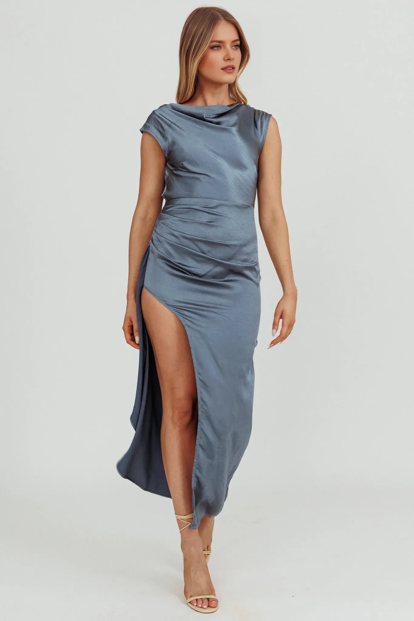 Robe Weitese en satin à manches courtes et dos bénitier, longueur cheville, simple, fourreau/colonne, robe de bal dos nu 