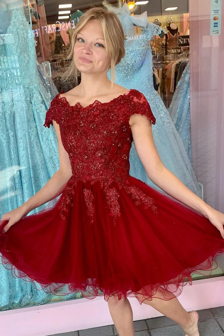 Weitese Dress Cap Sleeves Wine Red Short A-line Party Dress Boat Neck Tulle Homecoming Dress