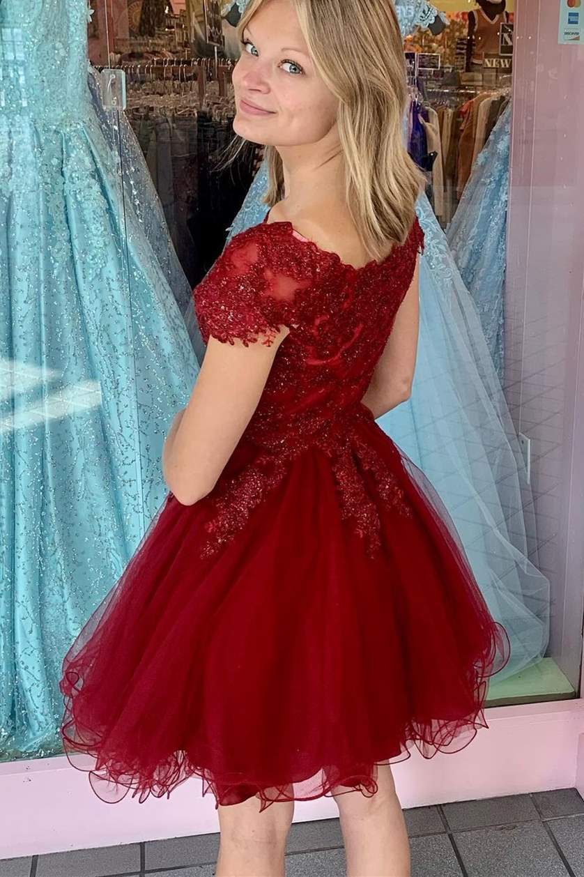 Weitese Dress Cap Sleeves Wine Red Short A-line Party Dress Boat Neck Tulle Homecoming Dress