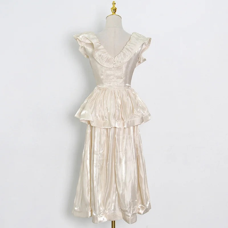 Robe Weitese décontractée rose, col en V, sans manches, taille haute, patchwork, volants, froncée, slim, mi-longue, robe de bal d'été pour femme 