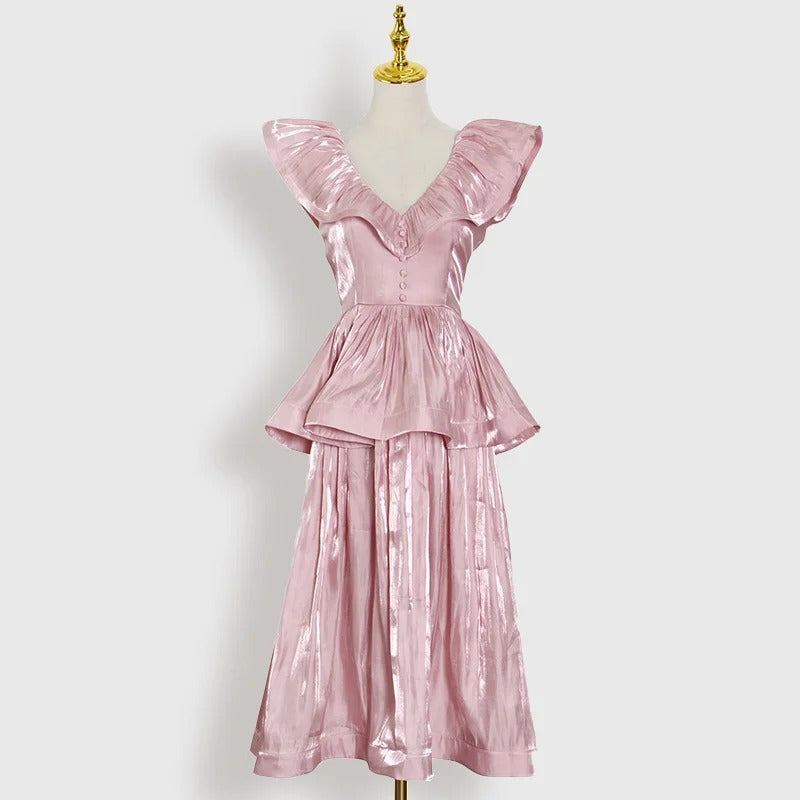 Robe Weitese décontractée rose, col en V, sans manches, taille haute, patchwork, volants, froncée, slim, mi-longue, robe de bal d'été pour femme 