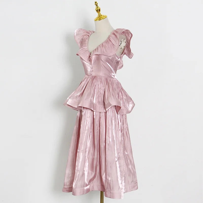 Robe Weitese décontractée rose, col en V, sans manches, taille haute, patchwork, volants, froncée, slim, mi-longue, robe de bal d'été pour femme 