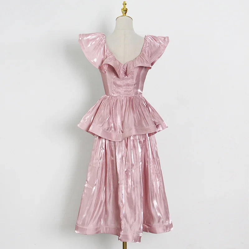 Robe Weitese décontractée rose, col en V, sans manches, taille haute, patchwork, volants, froncée, slim, mi-longue, robe de bal d'été pour femme 