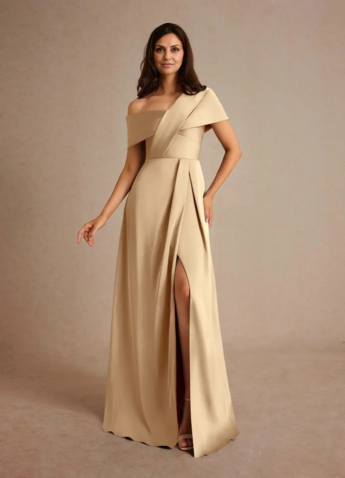 Weitese Dress Champagne A-Line Pleated Satin Maxi Dress Elegant Off the Shoulder Slit Mother of the Bride Dress