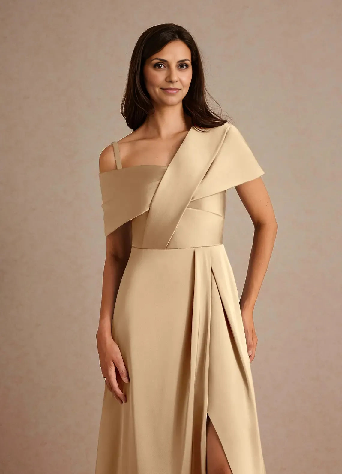 Weitese Dress Champagne A-Line Pleated Satin Maxi Dress Elegant Off the Shoulder Slit Mother of the Bride Dress