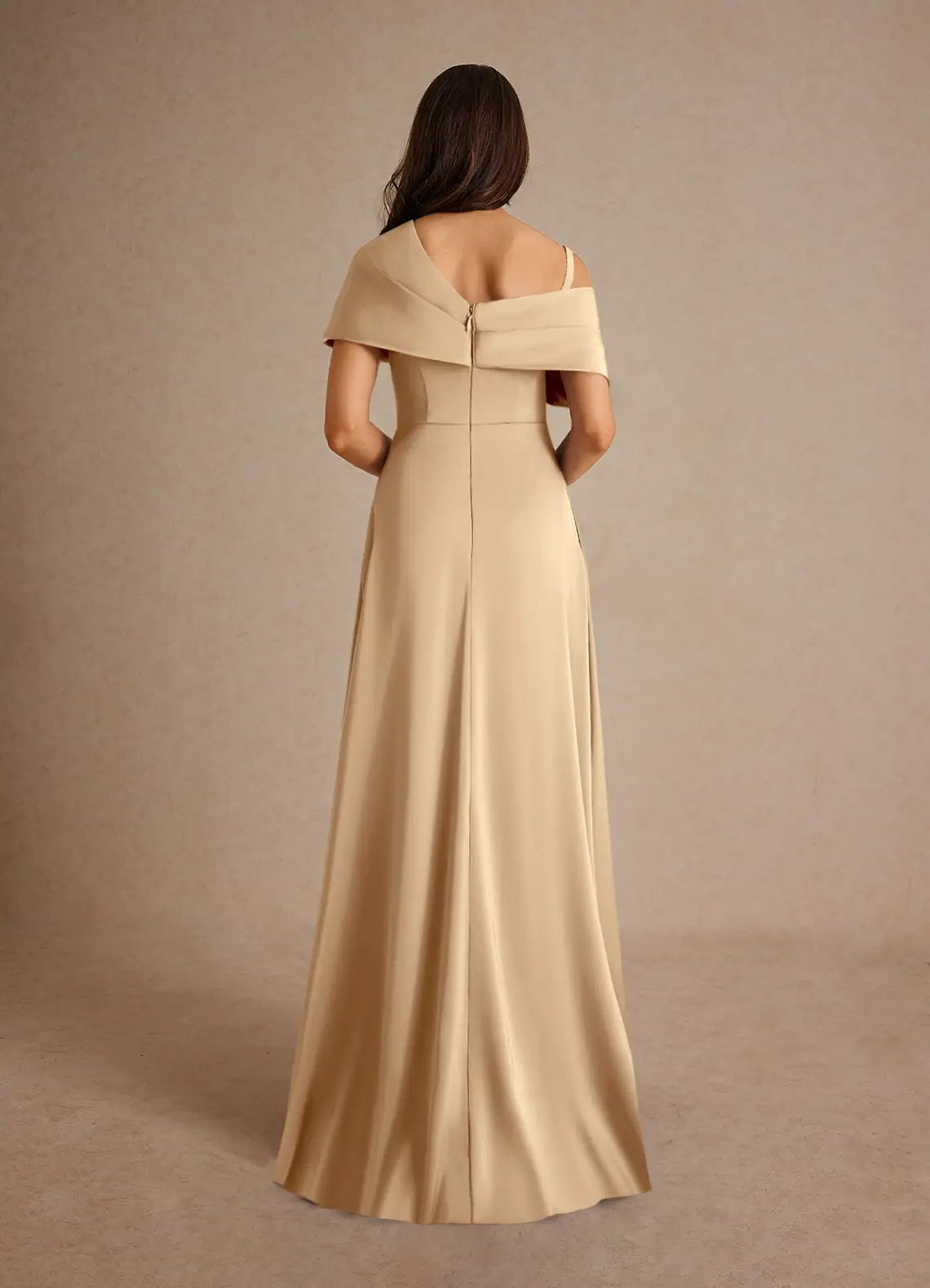 Weitese Dress Champagne A-Line Pleated Satin Maxi Dress Elegant Off the Shoulder Slit Mother of the Bride Dress