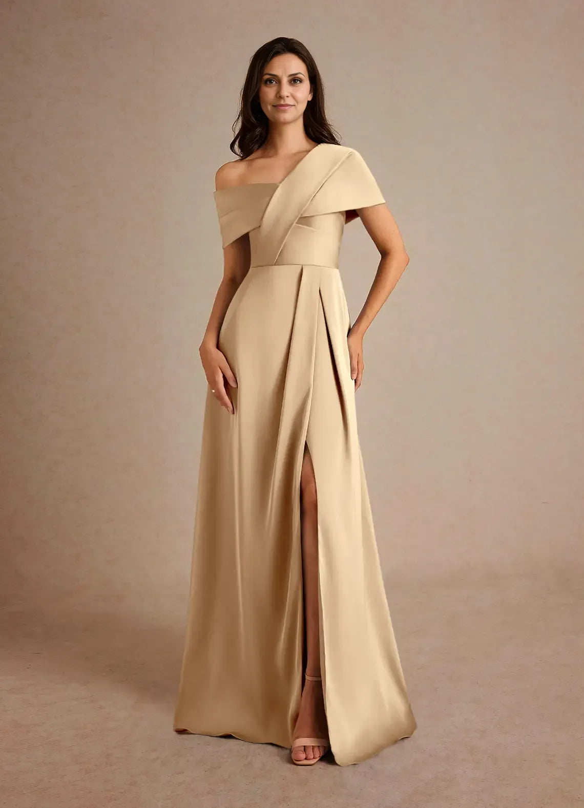 Weitese Dress Champagne A-Line Pleated Satin Maxi Dress Elegant Off the Shoulder Slit Mother of the Bride Dress