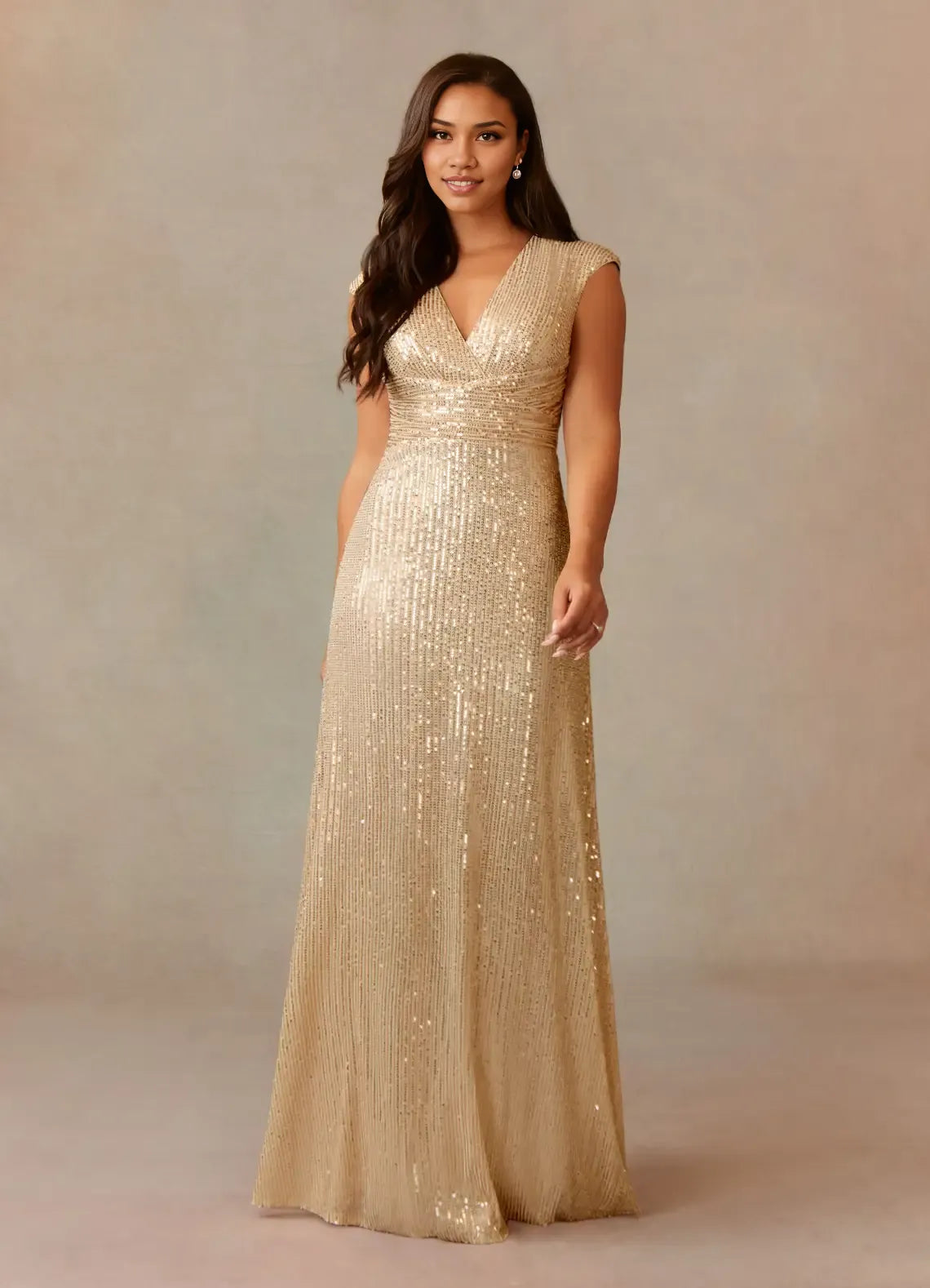 Weitese Dress Champagne A-Line V-Neck Ruched Sequins Mother Of The Bride Dresses Cap Sleeves Back Zip Ruffle Evening Dress