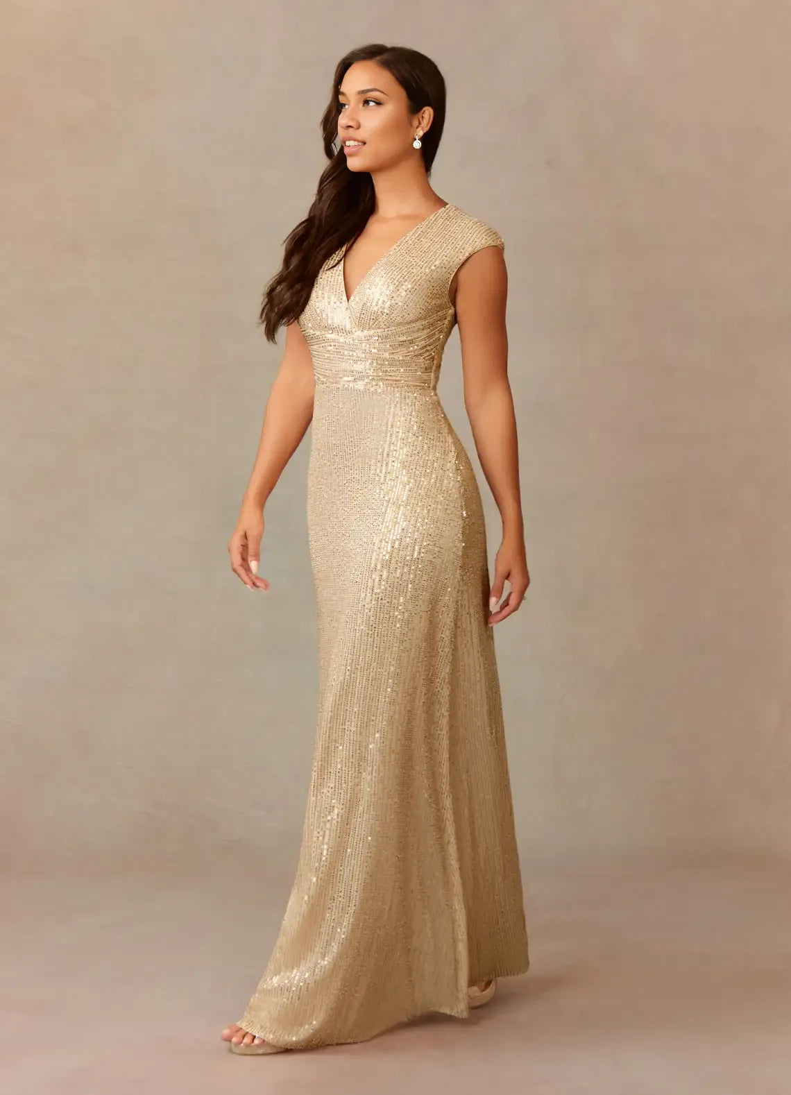 Weitese Dress Champagne A-Line V-Neck Ruched Sequins Mother Of The Bride Dresses Cap Sleeves Back Zip Ruffle Evening Dress