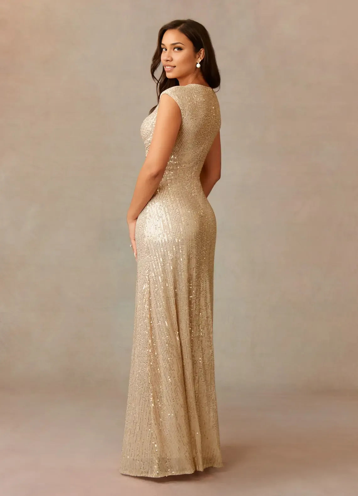 Weitese Dress Champagne A-Line V-Neck Ruched Sequins Mother Of The Bride Dresses Cap Sleeves Back Zip Ruffle Evening Dress