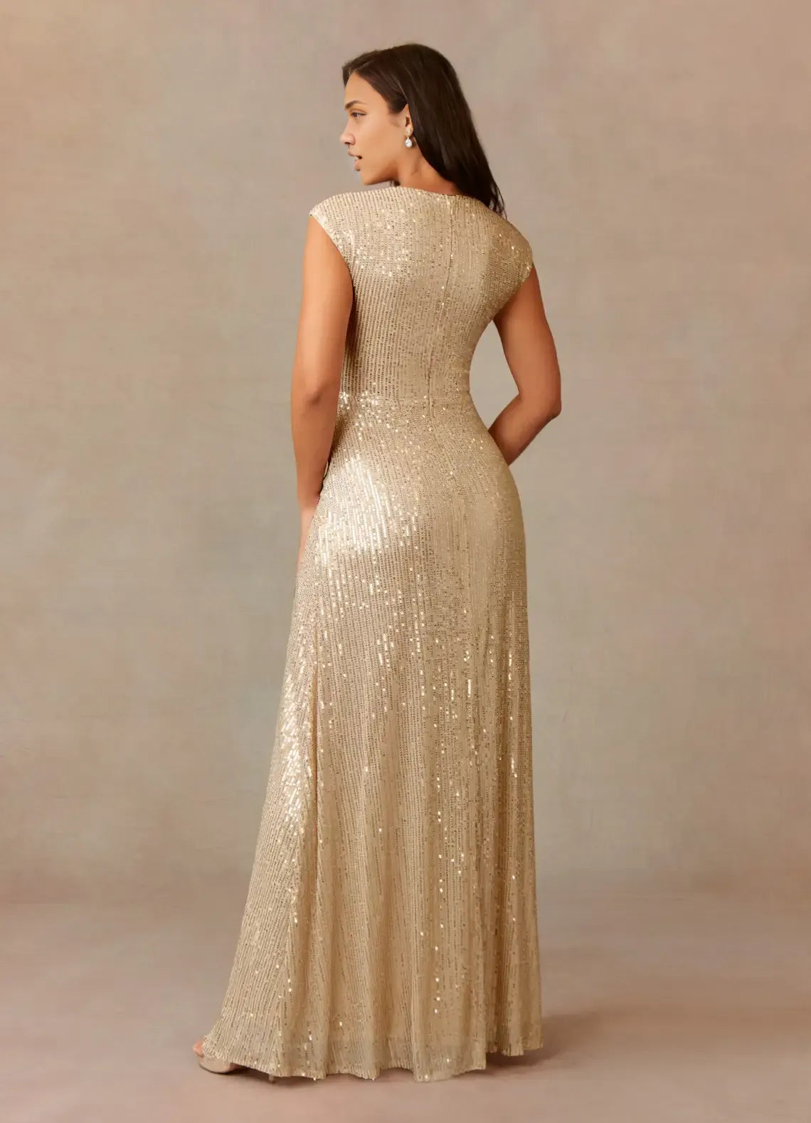 Weitese Dress Champagne A-Line V-Neck Ruched Sequins Mother Of The Bride Dresses Cap Sleeves Back Zip Ruffle Evening Dress