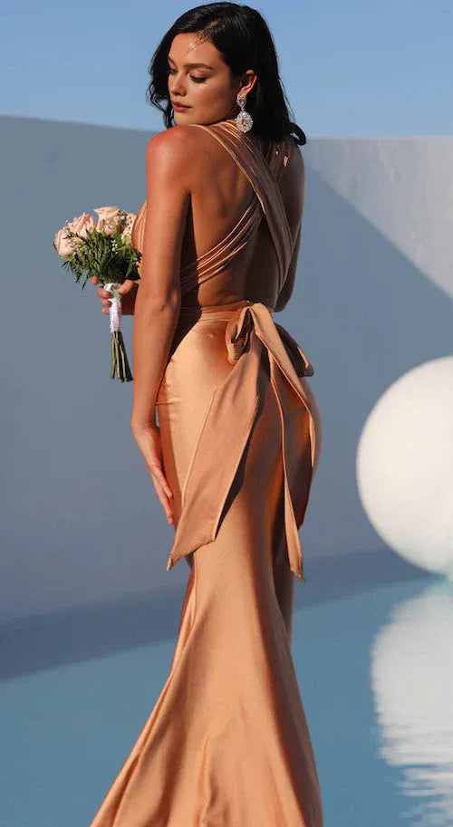 Robe Weitese Champagne, décolleté en V profond, robe en satin, dos croisé et nœud, pour une robe de bal romantique et élégante 