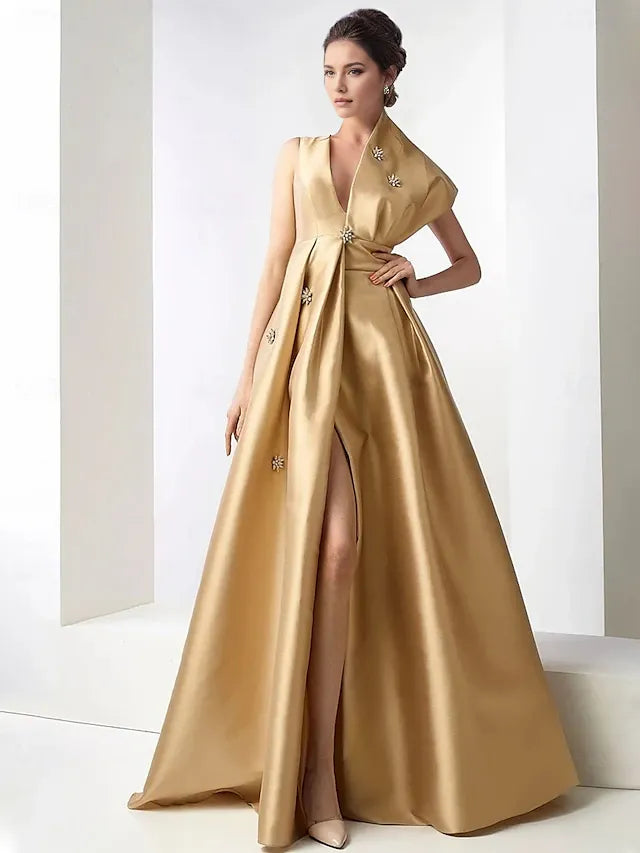 Weitese Dress Champagne Gold A-Line Satin Elegant Fall Wedding Guest Dress Carnival Formal Floor Length Sleeveless V Neck With Beading Evening Dress