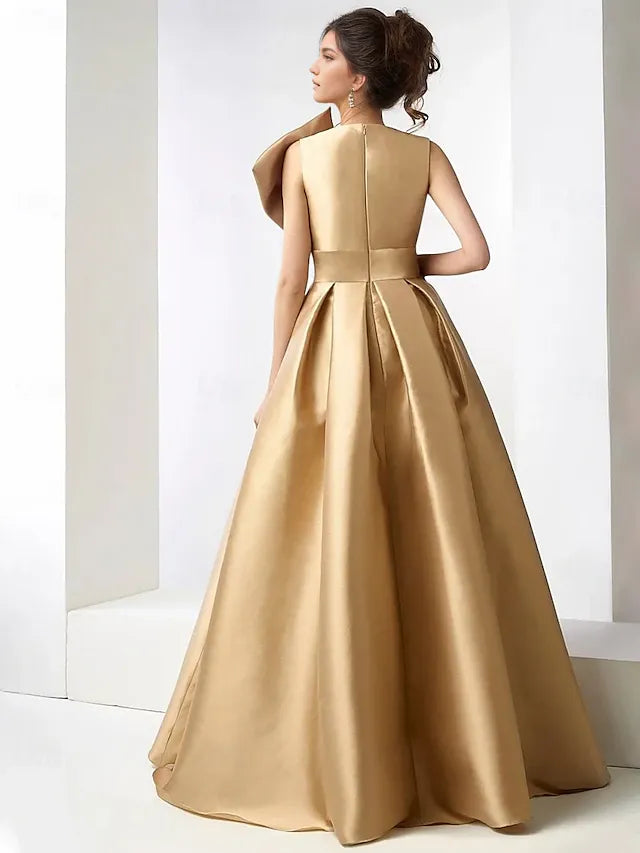 Weitese Dress Champagne Gold A-Line Satin Elegant Fall Wedding Guest Dress Carnival Formal Floor Length Sleeveless V Neck With Beading Evening Dress