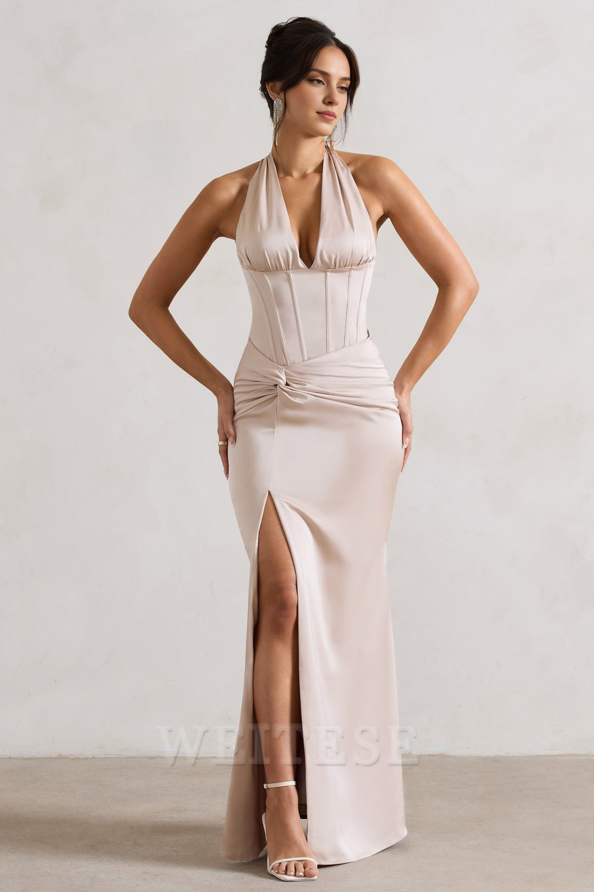 Robe Weitese Champagne Satin Style Corset Maxi Robe Avec Jupe Portefeuille Robe De Bal Dos Nu Col V Profond Avec Fente Latérale Robe De Demoiselle D'honneur 