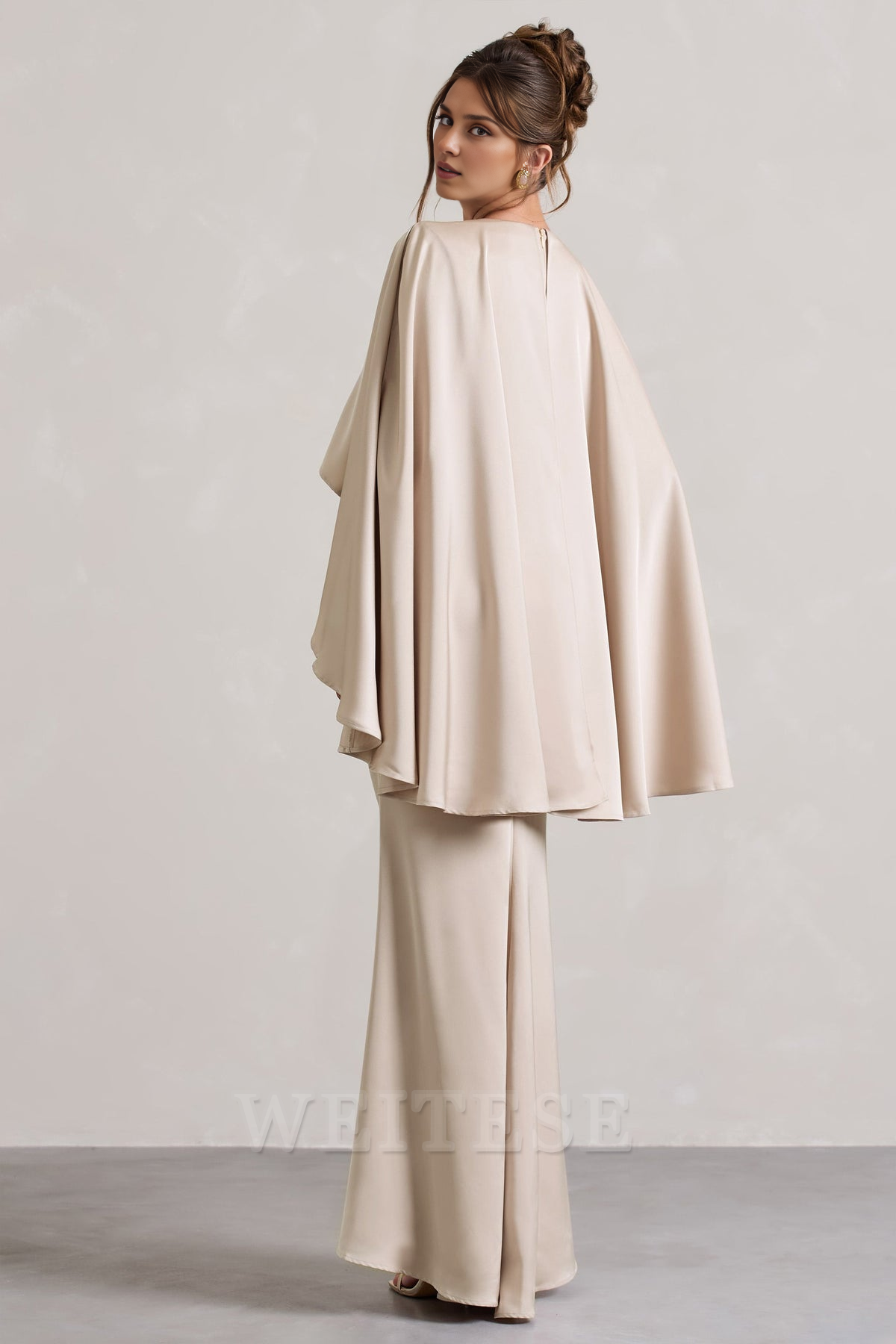 Robe longue en satin champagne Weitese, décolleté plongeant, manches cape, robe de demoiselle d'honneur, col en V profond, longueur au sol, robe de bal 