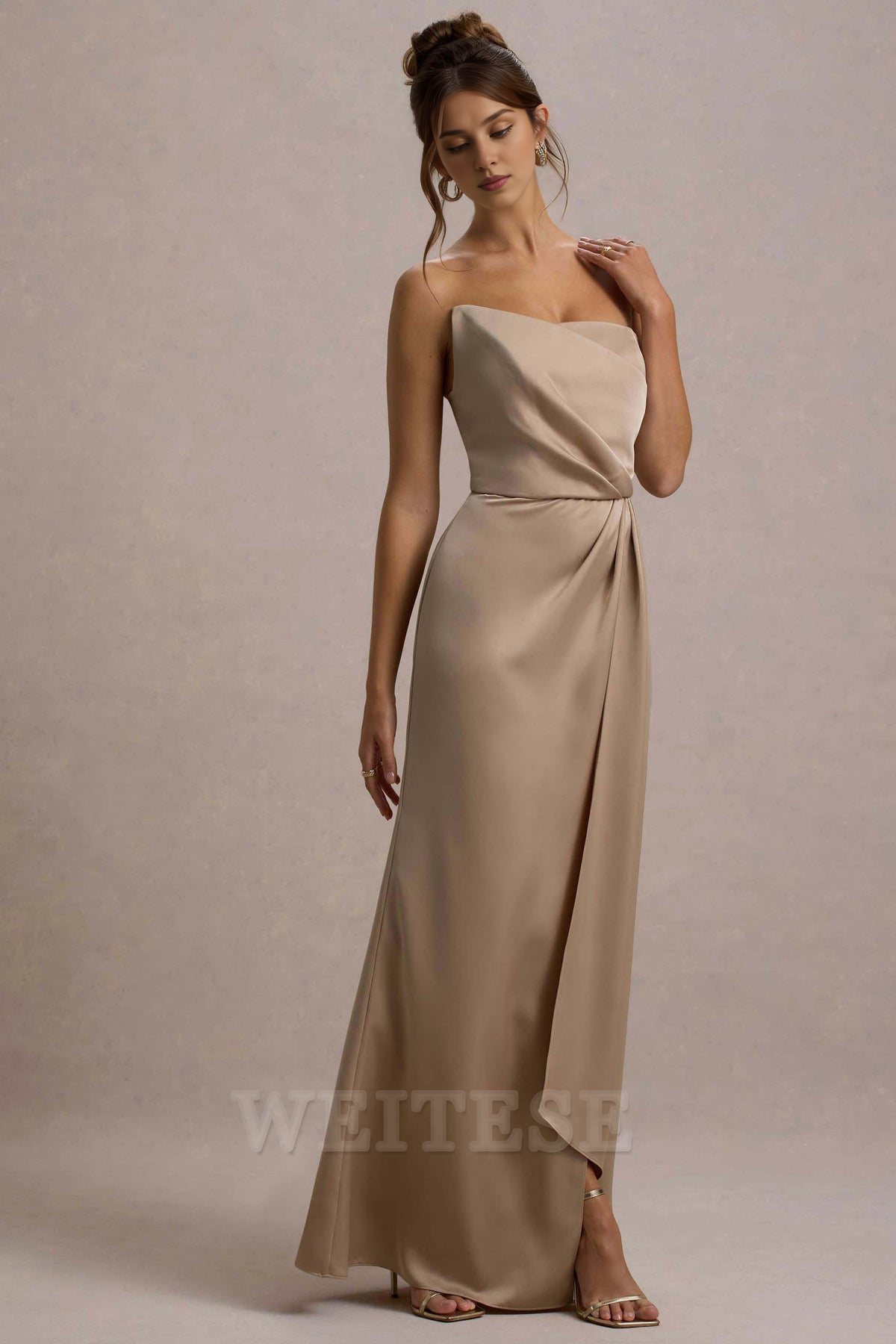 Robe Weitese Champagne Satin Bustier Drapé Maxi Robe Robe de Bal Bustier Sirène Longue Plissée Robe de Demoiselle d'Honneur 