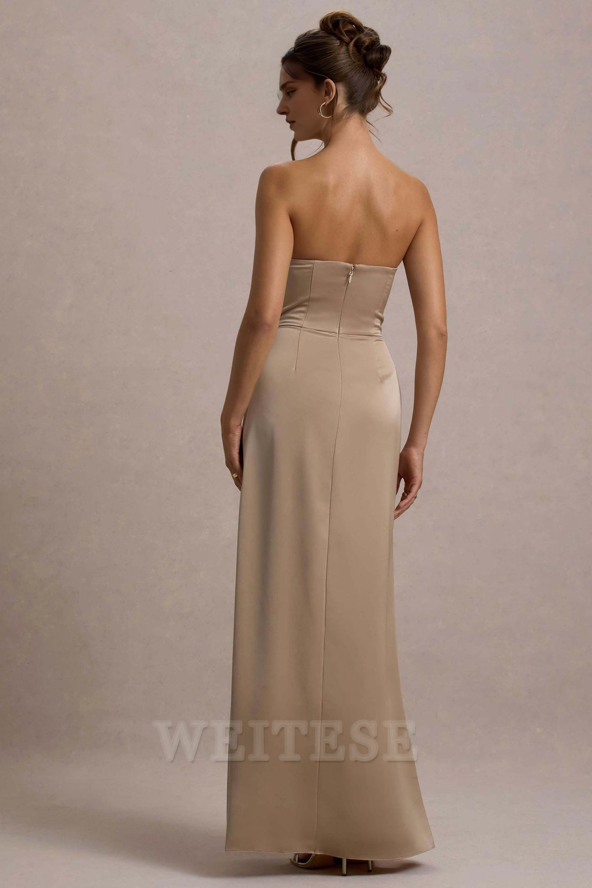 Robe Weitese Champagne Satin Bustier Drapé Maxi Robe Robe de Bal Bustier Sirène Longue Plissée Robe de Demoiselle d'Honneur 