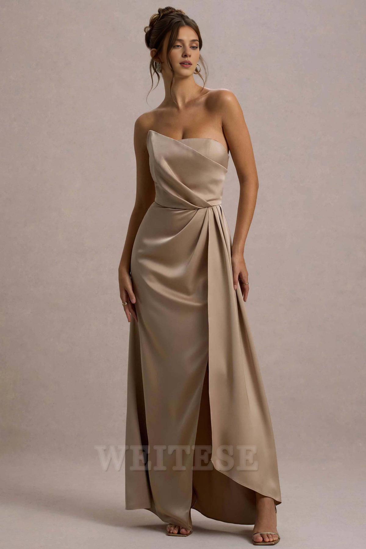 Robe Weitese Champagne Satin Bustier Drapé Maxi Robe Robe de Bal Bustier Sirène Longue Plissée Robe de Demoiselle d'Honneur 