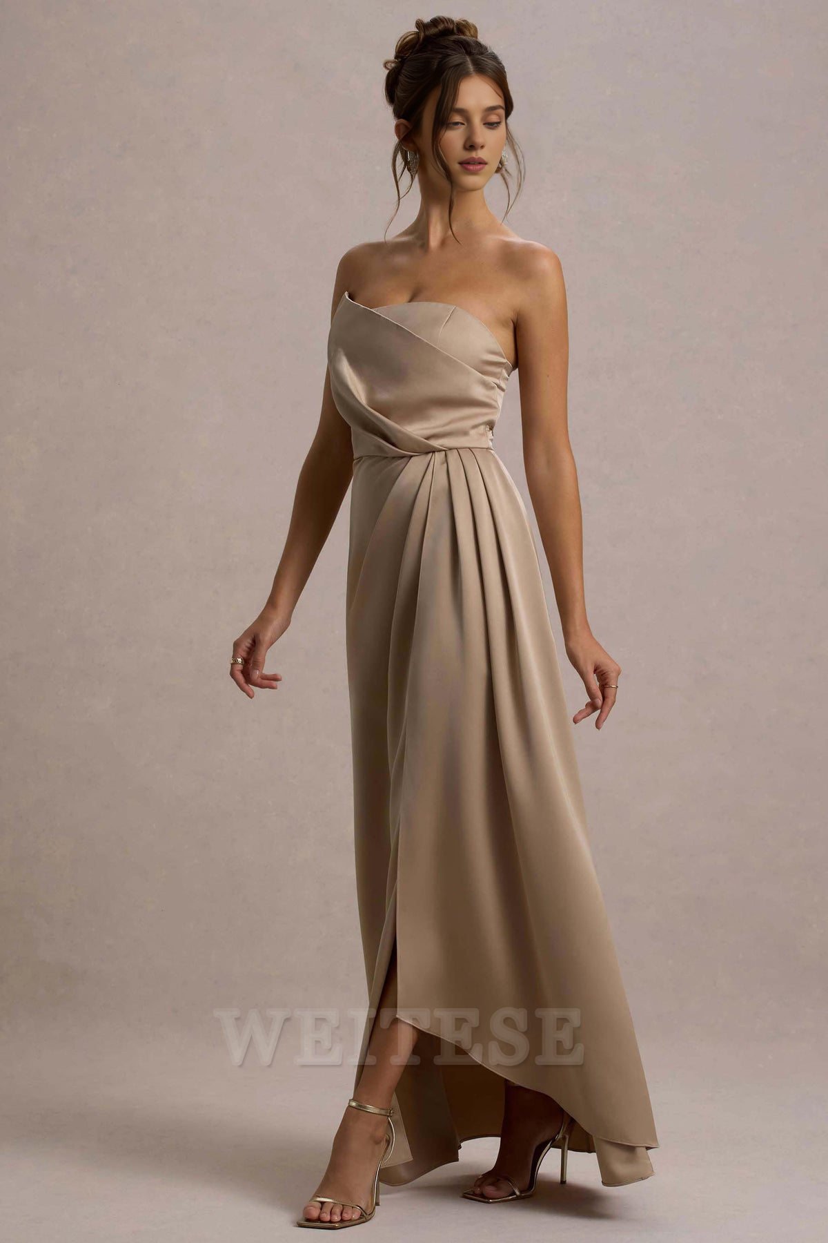 Robe Weitese Champagne Satin Bustier Drapé Maxi Robe Robe de Bal Bustier Sirène Longue Plissée Robe de Demoiselle d'Honneur 
