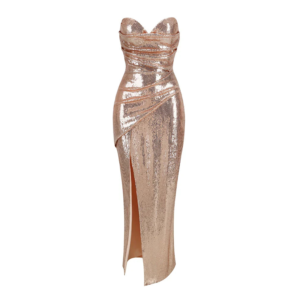 Weitese Dress Champagne Sequined Strapless Slit Lace Up Ankle Length Dress Party Dress Pink Elegant Corset Mermaid Prom Dress