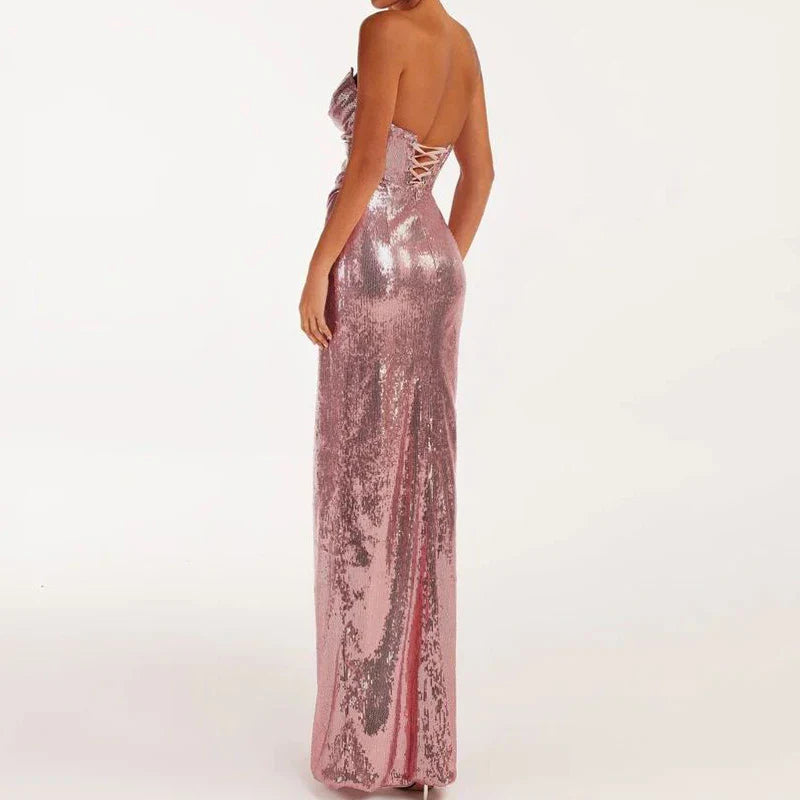 Weitese Dress Champagne Sequined Strapless Slit Lace Up Ankle Length Dress Party Dress Pink Elegant Corset Mermaid Prom Dress