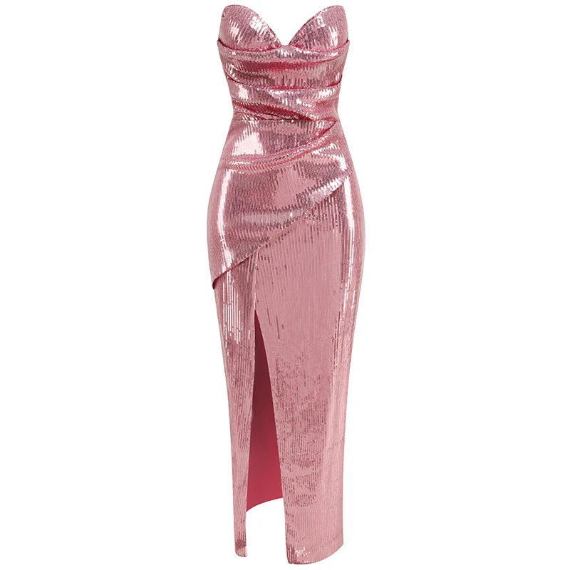 Weitese Dress Champagne Sequined Strapless Slit Lace Up Ankle Length Dress Party Dress Pink Elegant Corset Mermaid Prom Dress