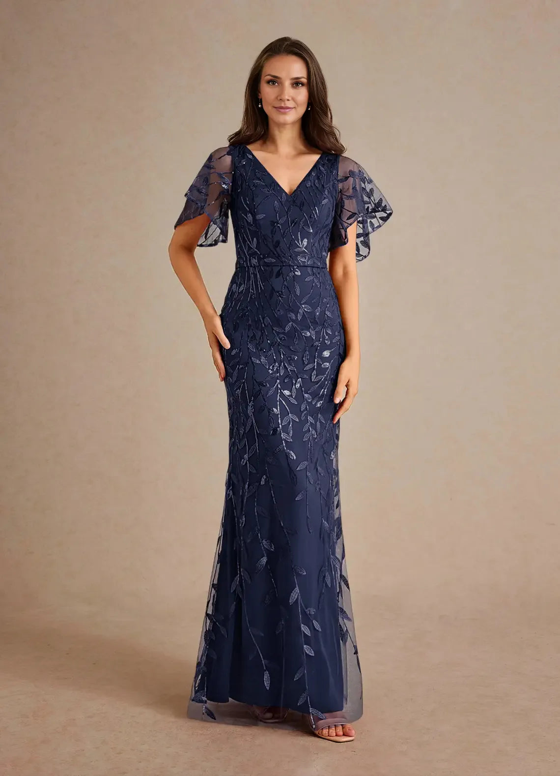 Weitese Dress Champagne Sheath Sequins Mother of the Groom Dresses Elegant V-Neck Flutter Sleeves Tulle Evening Dress