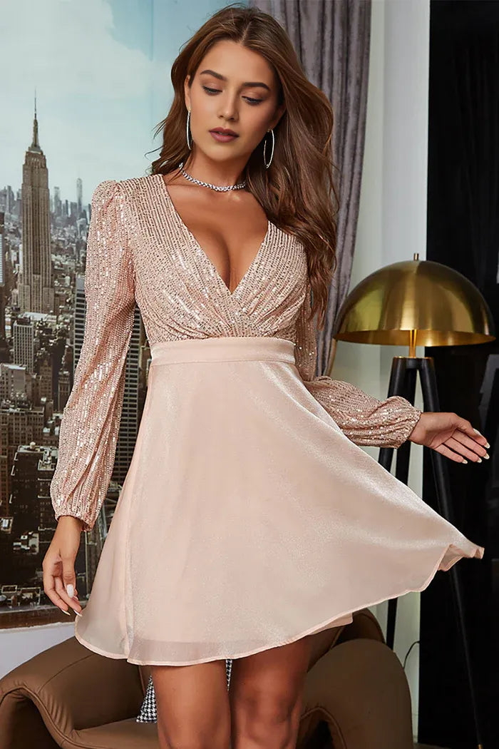 Weitese Dress Champagne V-Neck Sequined Homecoming Dress Long Sleeves Full Coverage Party Dress