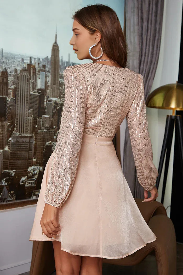 Weitese Dress Champagne V-Neck Sequined Homecoming Dress Long Sleeves Full Coverage Party Dress