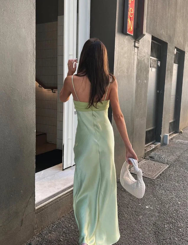 Weitese Dress Charming A Line Spaghetti Straps Green Satin Long Prom Dress Evening Dress With Slit Party Dress