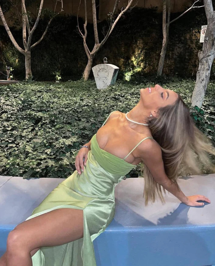 Weitese Dress Charming A Line Spaghetti Straps Green Satin Long Prom Dress Evening Dress With Slit Party Dress