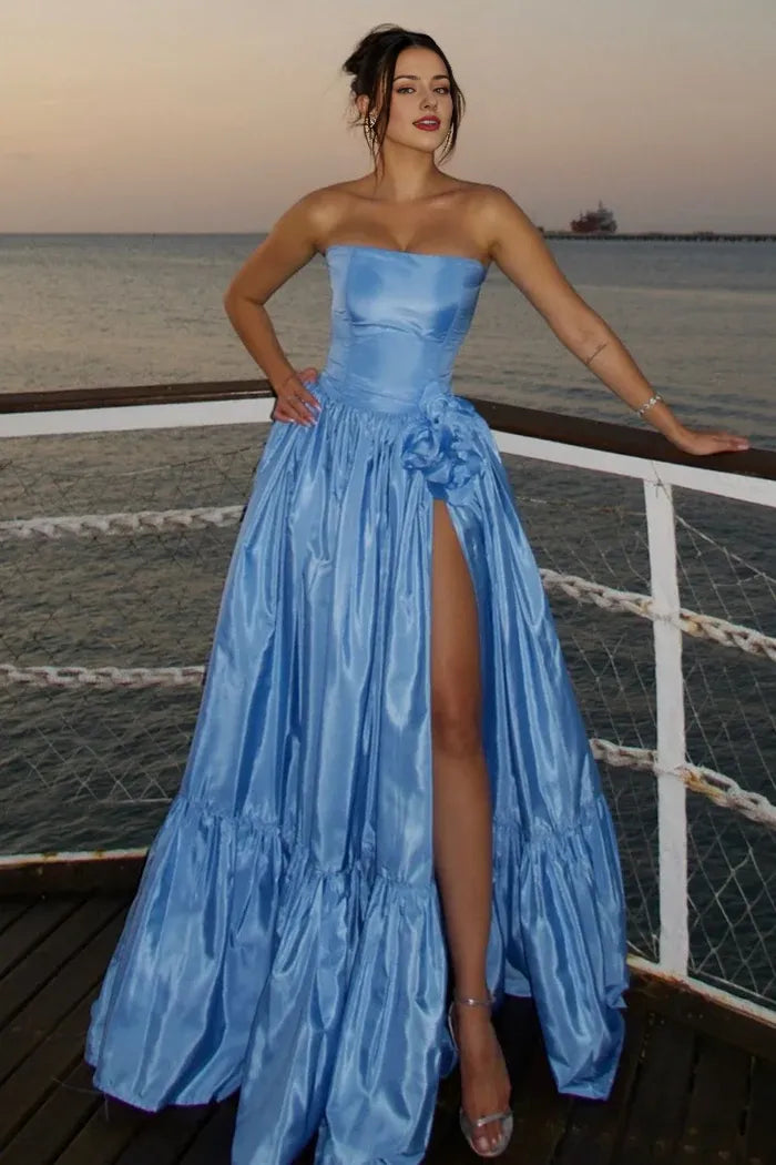 Robe Weitese charmante robe trapèze bustier en satin bleu, robe de bal fendue sur le devant 
