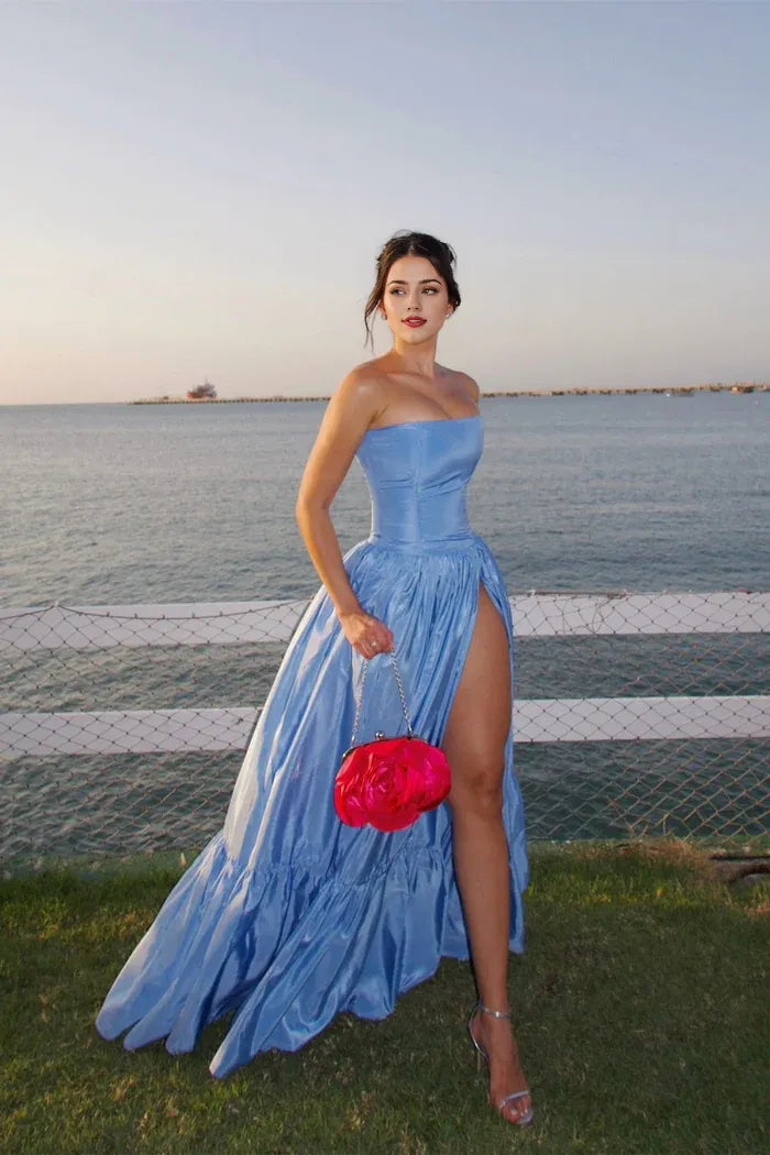 Robe Weitese charmante robe trapèze bustier en satin bleu, robe de bal fendue sur le devant 