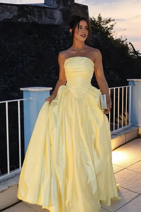 Weitese Dress Charming Daffodil Satin Strapless A Line Sleeveless Maxi Dress Party Dress with Pleated Prom Dress