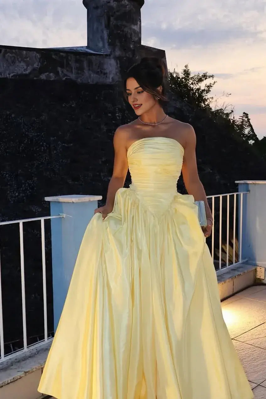 Weitese Dress Charming Daffodil Satin Strapless A Line Sleeveless Maxi Dress Party Dress with Pleated Prom Dress