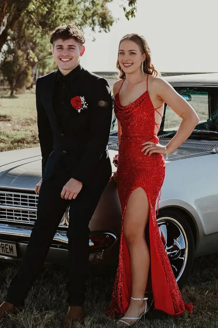 Weitese Dress Charming Mermaid Cowl Neck Sequins Slit Prom Dresses