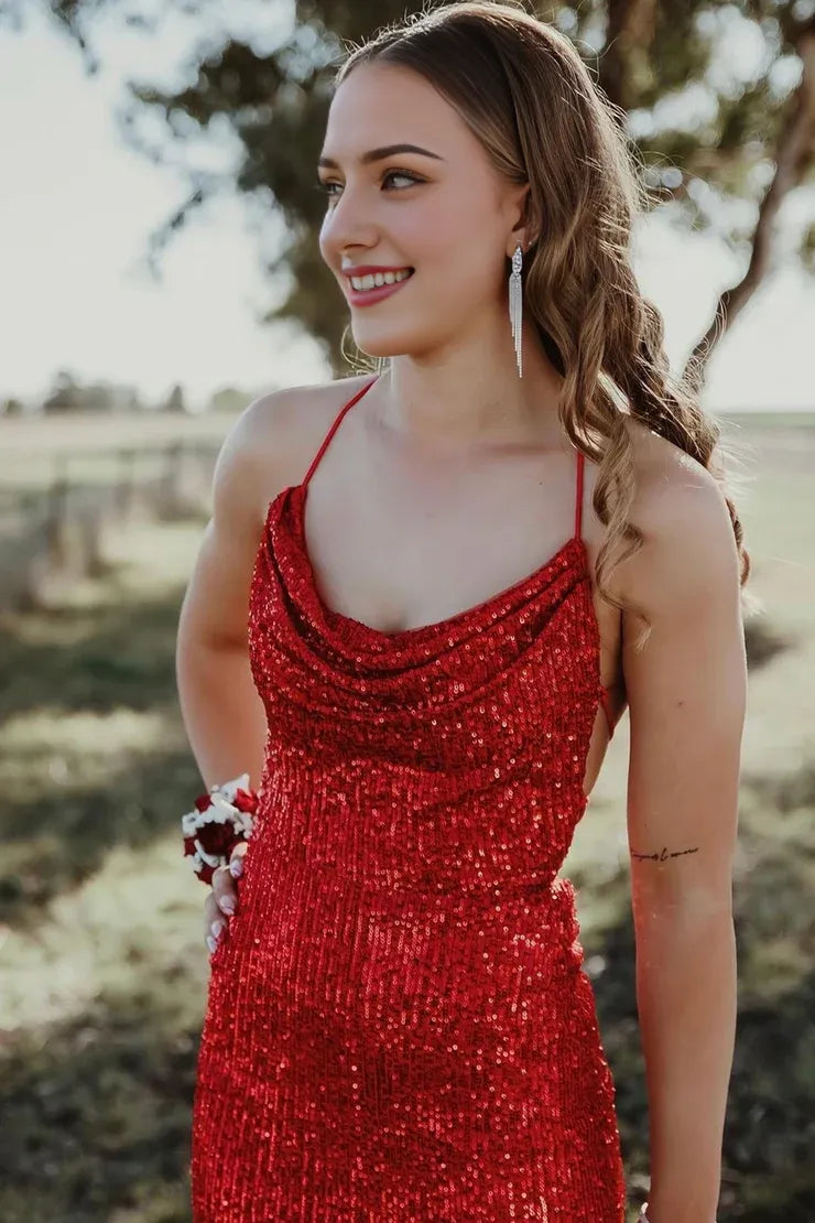 Weitese Dress Charming Mermaid Cowl Neck Sequins Slit Prom Dresses