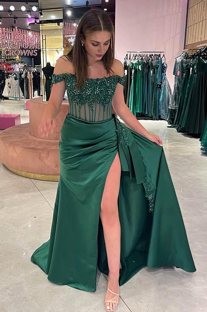 Robe de bal sirène Weitese charmante en satin vert à épaules dénudées et fente sexy 