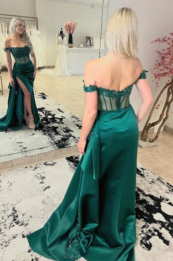 Robe de bal sirène Weitese charmante en satin vert à épaules dénudées et fente sexy 
