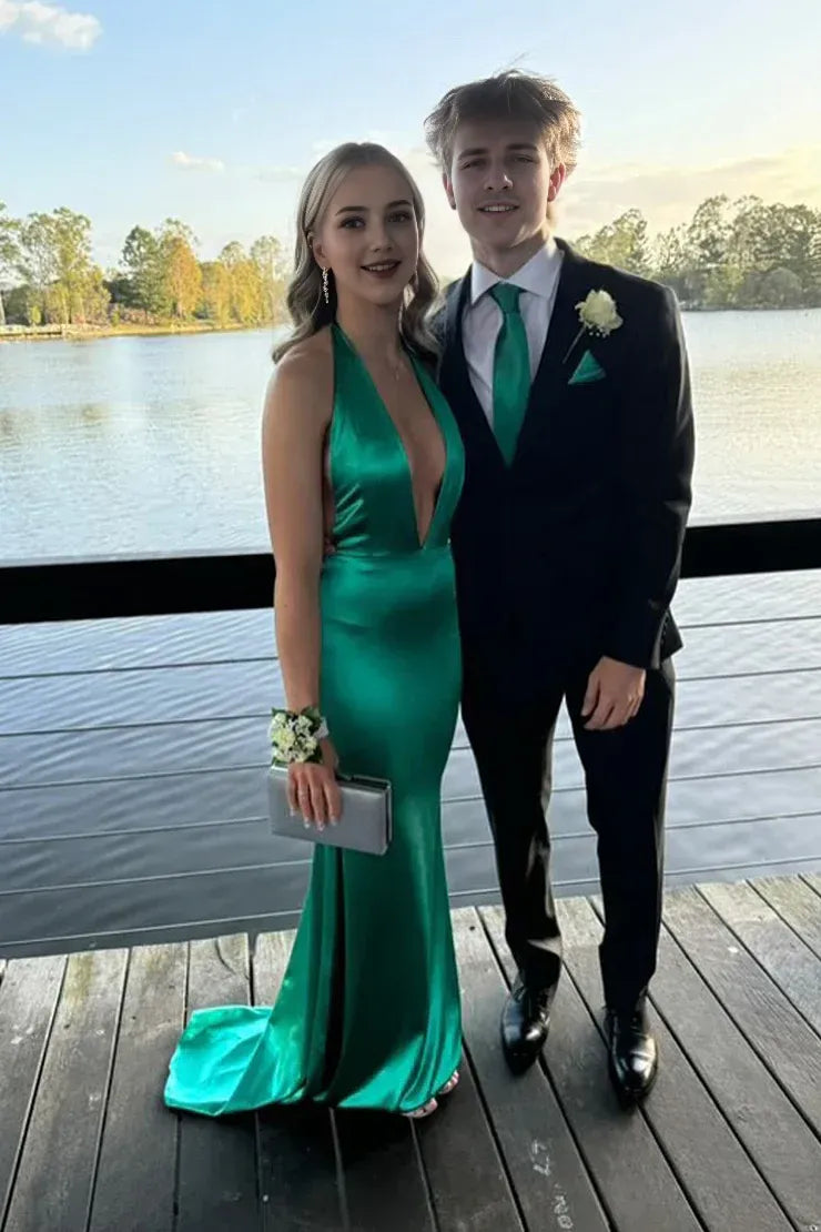 Weitese Dress Charming Mermaid V Neck Green Satin Long Evening Dresses