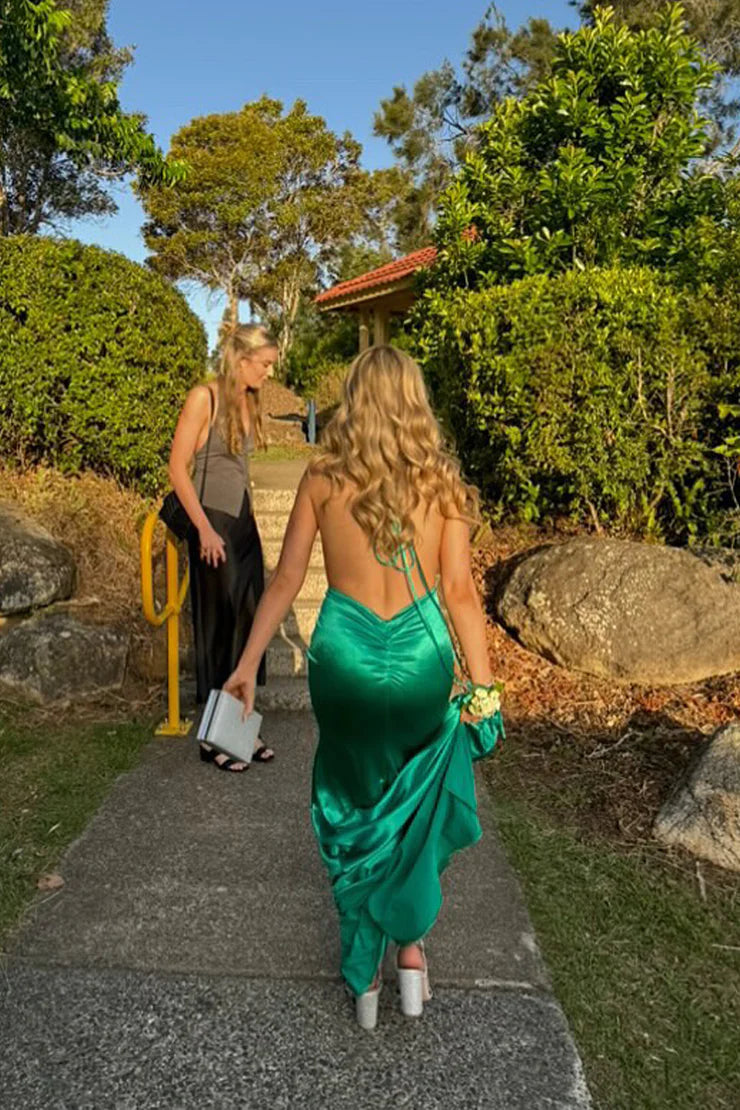 Weitese Dress Charming Mermaid V Neck Green Satin Long Evening Dresses