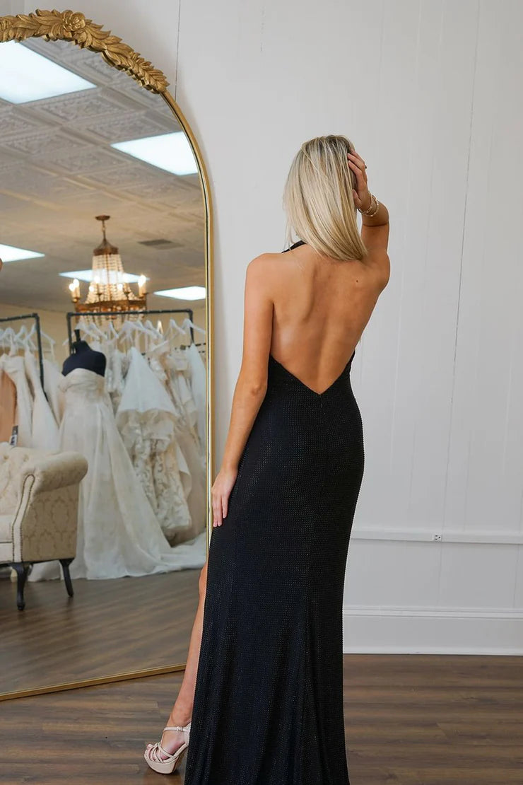 Weitese Dress Charming Sheath Cowl Neck Black Sleeveless Long Prom Dresses with Slit