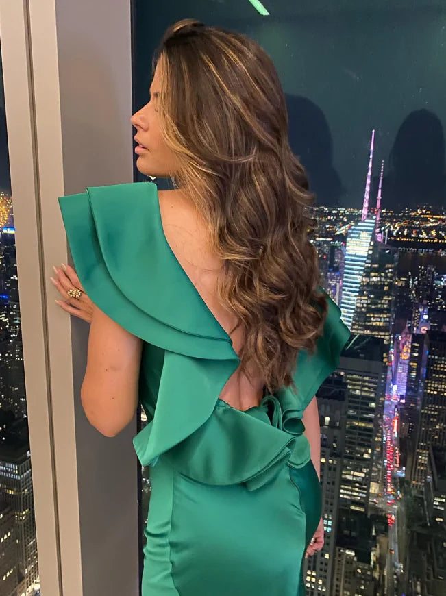 Weitese Dress Charming Sheath Green Satin Open Back Long Prom Dress Evening Dress Party Dress